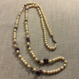 Vintage costume pearl and amethyst necklace about 30 inches